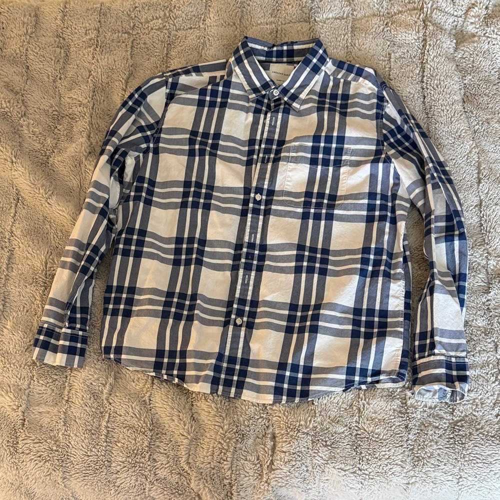 American Eagle Outfitters Navy and White Plaid Button-Down Shirt